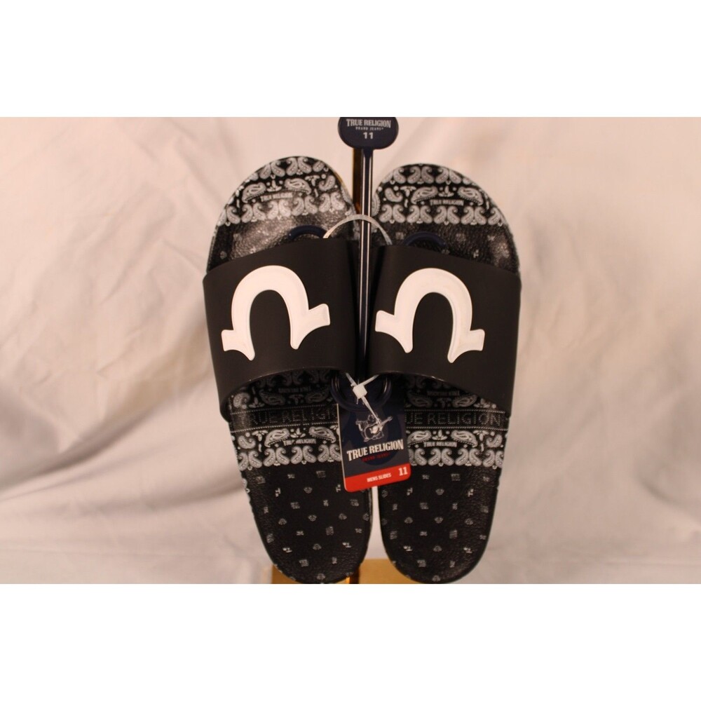 NWT True Religion Horseshoe Slides Mens Size 11 Black White Paisley TR-112P-S